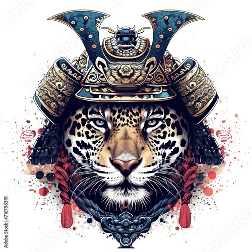 Jaguar using a samurai helmet isolated in a white background