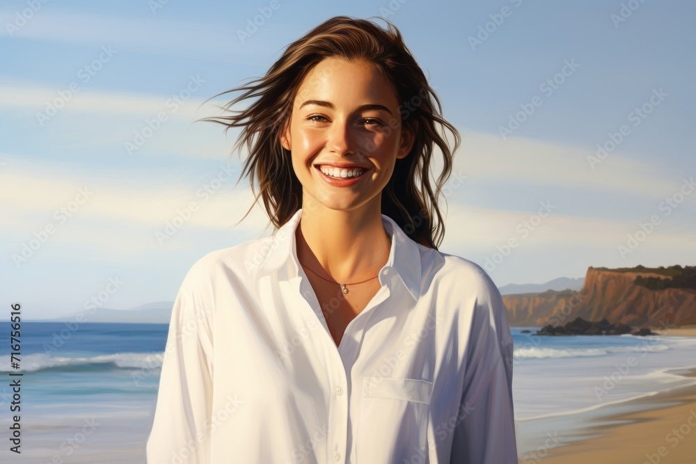 Portrait of a happy woman in her 20s wearing a classic white shirt against a calm bay background. AI Generation