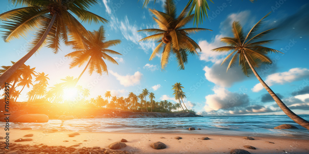 Palm trees on a beach wallpaper, Beautiful beach illustration with coconut tree and blue sea, Colored beach with palm trees with sunset light and reflections Vacation romance


