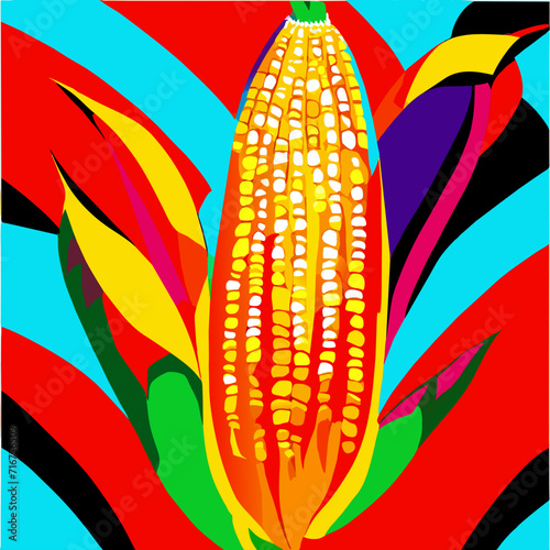 Illustration of a corn on a colorful background with a pattern. AI Generated