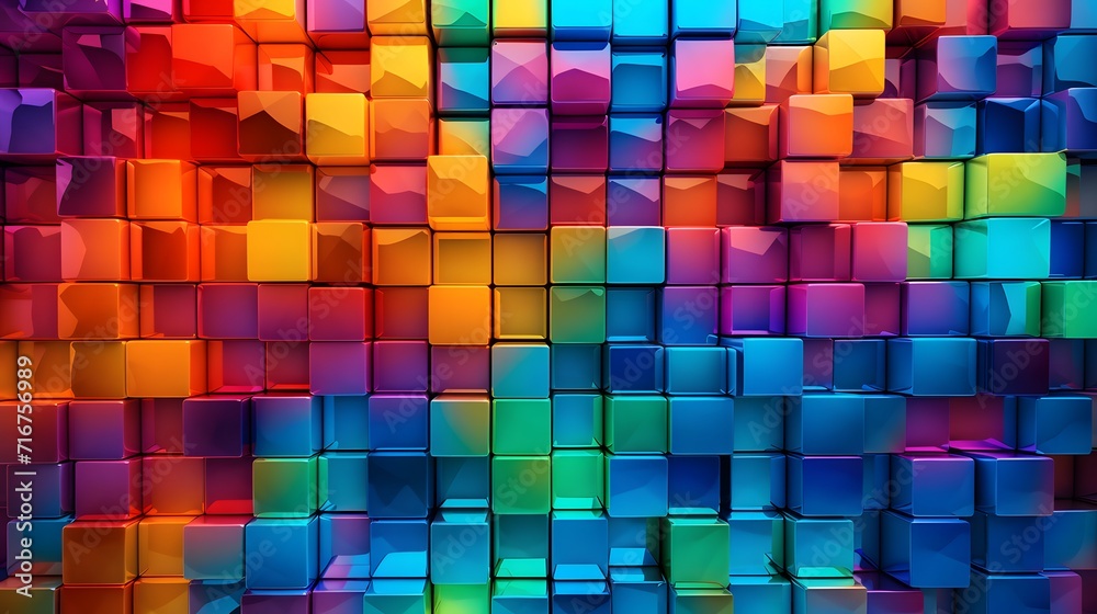 Colorful matrix of colored glass squares. Colorful eye-catching abstract background for creative and diverse content. Rainbow colored glass grid background.