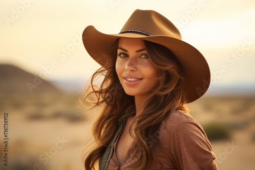 Portrait of a glad woman in her 20s wearing a rugged cowboy hat against a serene dune landscape background. AI Generation
