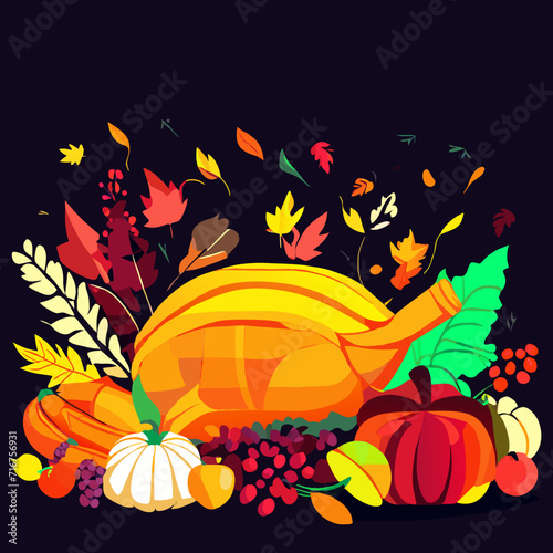 Thanksgiving day vector illustration with pumpkin, leaves and berries on black background Generative AI