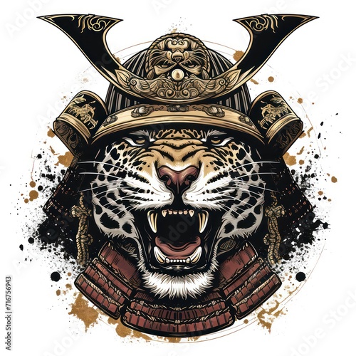 Jaguar using a samurai helmet isolated in a white background