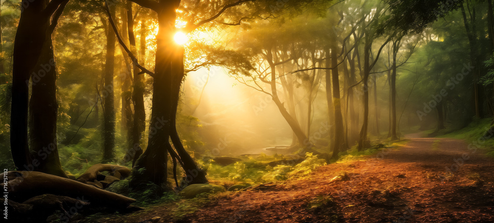 Obraz premium Sunburst through the verdant forest canopy on a misty trail
