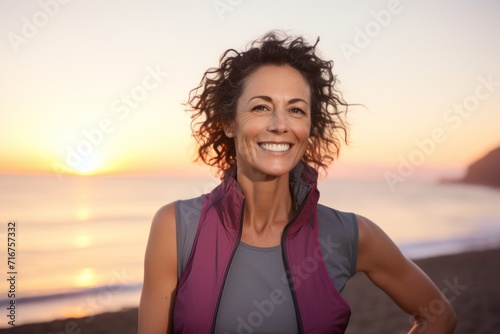 Portrait of a joyful woman in her 40s dressed in a breathable mesh vest against a vibrant beach sunset background. AI Generation
