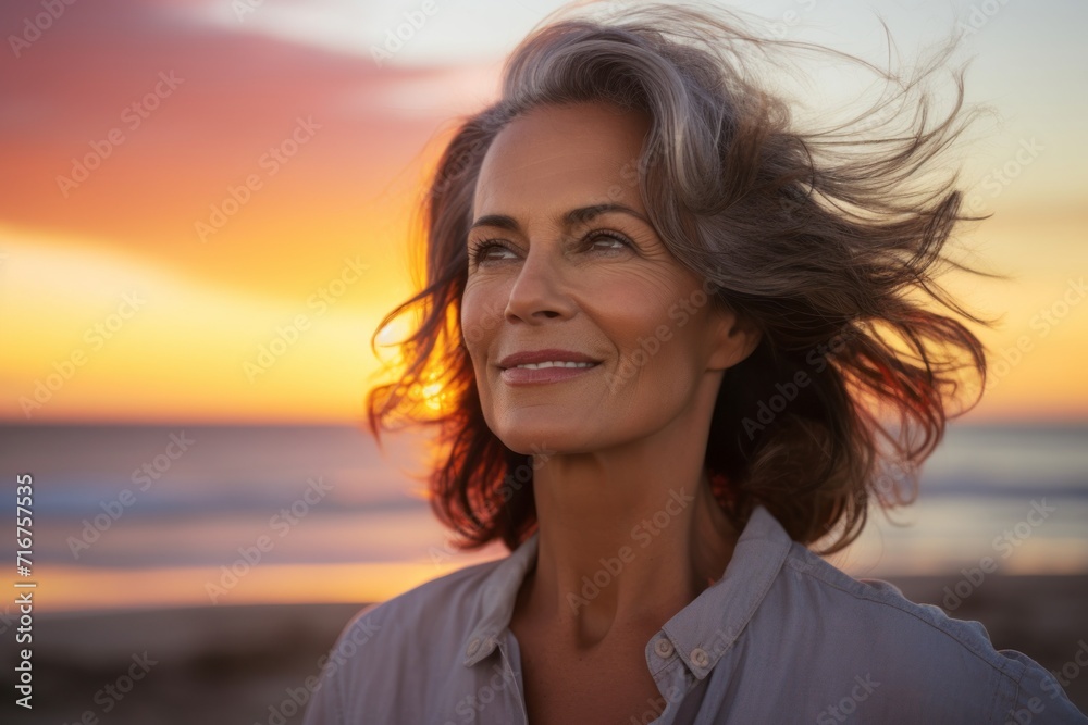 Portrait of a tender woman in her 50s dressed in a casual t-shirt against a vibrant beach sunset background. AI Generation Portrait of a tender woman in her 50s dressed in a casual t-shirt against a vibrant beach sunset background. AI Generation