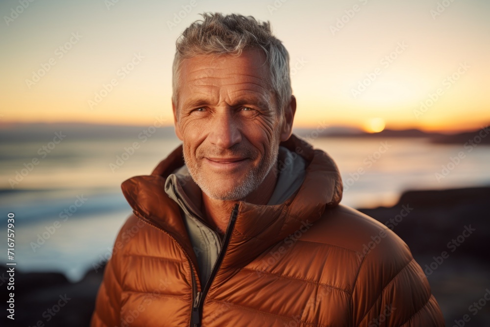 Portrait of a grinning man in his 60s sporting a quilted insulated jacket against a vibrant beach sunset background. AI Generation Portrait of a grinning man in his 60s sporting a quilted insulated jacket against a vibrant beach sunset background. AI Generation