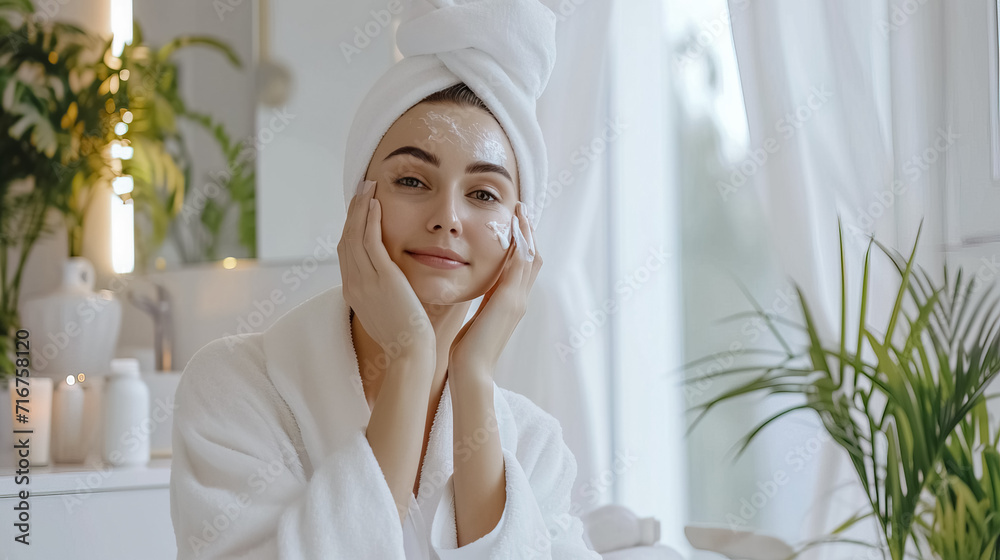 Woman in bathrobe after bath ,Wear a white robe and a headscarf, Apply face cream beauty routine skincare
Woman in bathrobe after bath ,Wear a white robe and a headscarf, Apply face cream beauty routine skincare