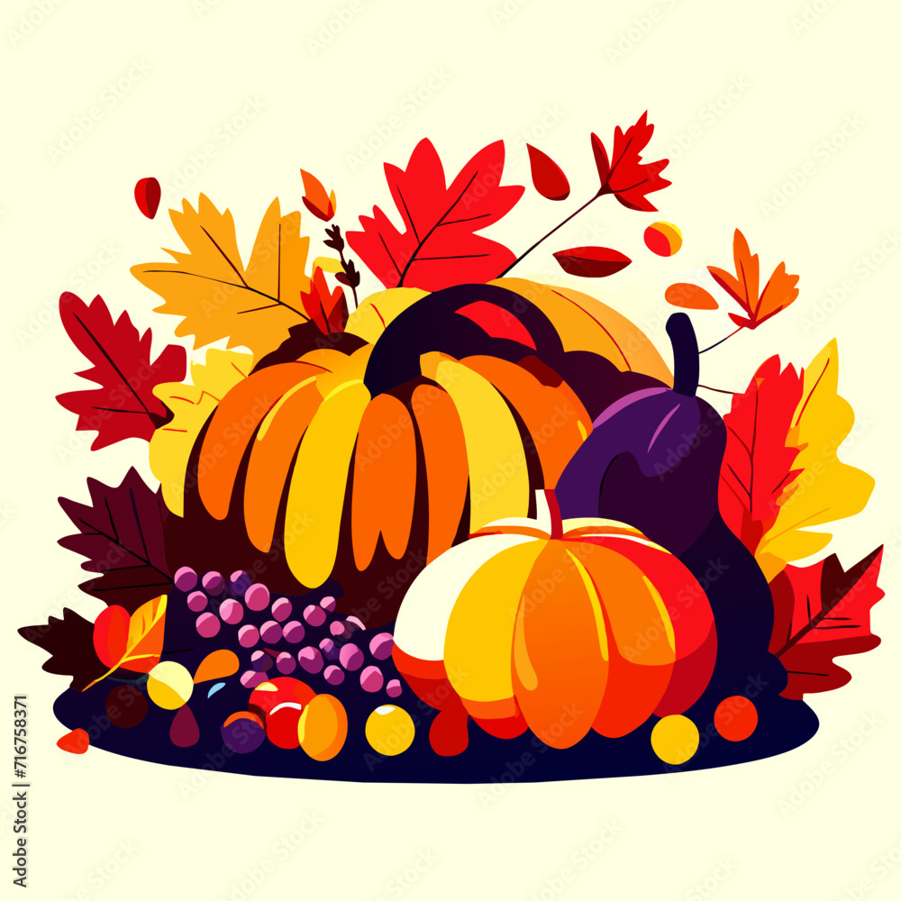 Naklejka premium Autumn composition of pumpkins, leaves and berries. Vector illustration AI generated