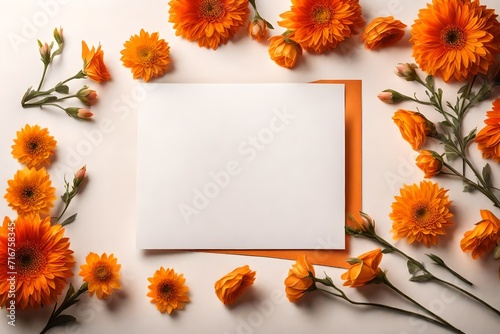 Wedding invitation template. Blank paper sheet card with mockup copy space on orange and white flowers