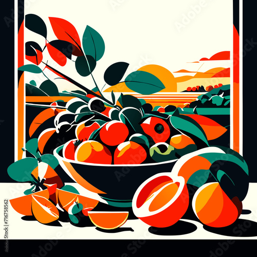 Vector illustration of a bowl with cherries and oranges on the windowsill Generative AI
