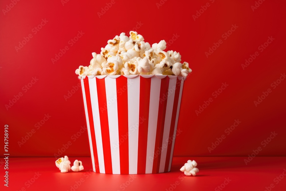 Popcorn box with delicious popcorn, red background with space for copy