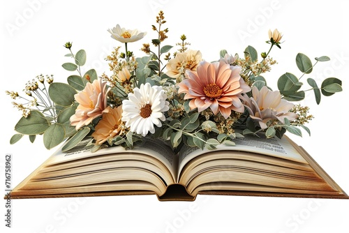 Spring flowers open books illustration on white background