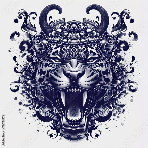 Jaguar using a samurai helmet isolated in a white background