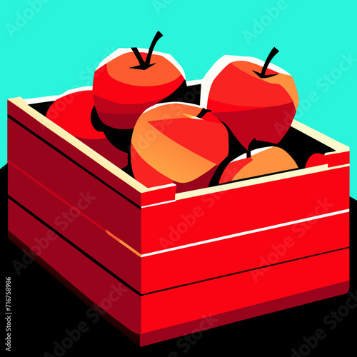 Illustration of apples in a wooden box on a blue background. Generative AI