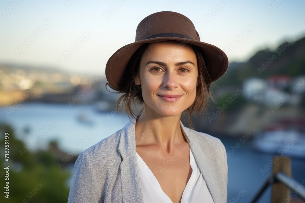 Portrait of a content woman in her 40s donning a classic fedora against a beautiful coastal village background. AI Generation