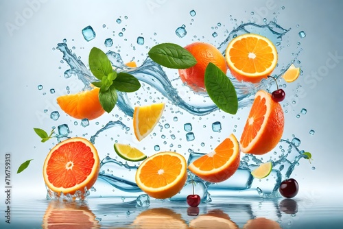 Swirl water splash with fruits. Realistic 3d vector liquid flow with ice cubes and mix of fresh orange, lime, mint and peach, lemon, cherry, pineapple 