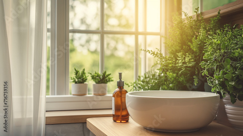Essential oil bottle with plants around it in bathroom. generative AI