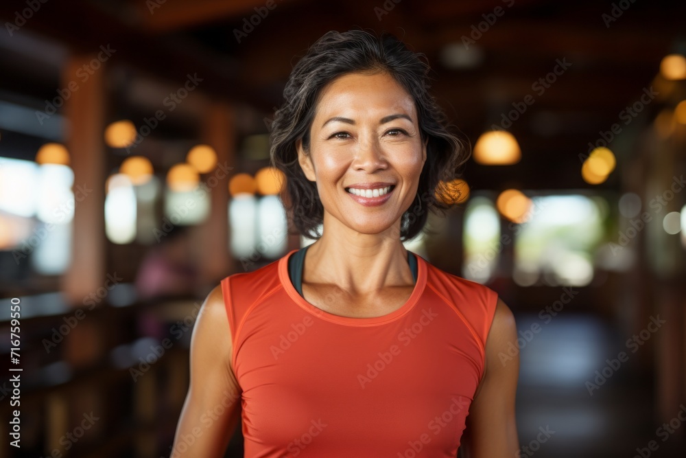 Portrait of a cheerful asian woman in her 50s wearing a moisture-wicking running shirt against a tropical beach bar background. AI Generation Portrait of a cheerful asian woman in her 50s wearing a moisture-wicking running shirt against a tropical beach bar background. AI Generation