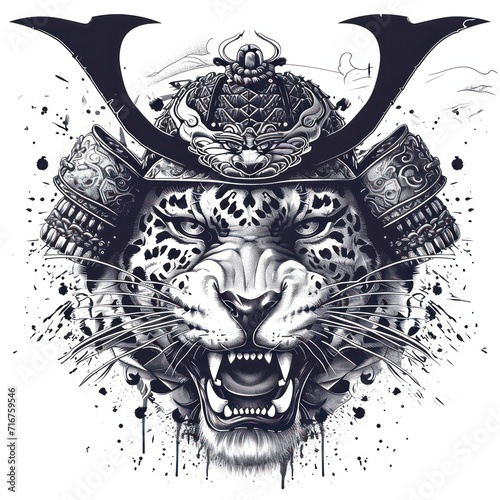 Jaguar using a samurai helmet isolated in a white background