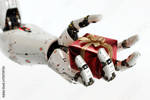 artificial intelligence, an andriod robot hand holding a gift photo