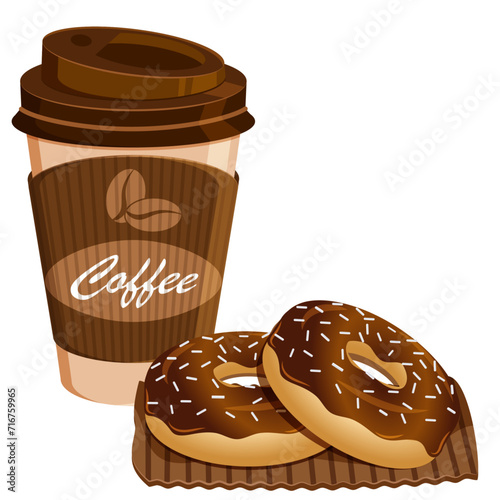 Paper Coffee Cup with Chocolate Glazed Donuts - Coffee Break Illustration