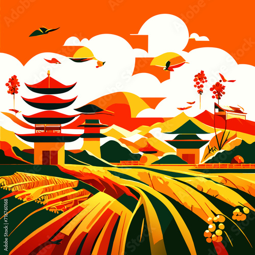 Japanese landscape with rice fields, pagodas and clouds. Vector illustration generative AI