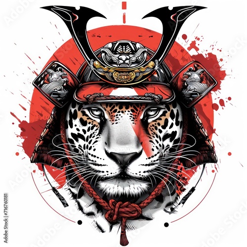 Jaguar using a samurai helmet isolated in a white background