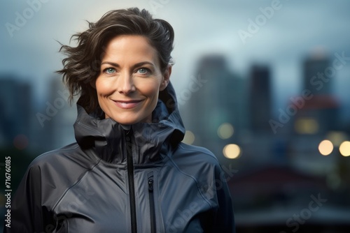 Portrait of a glad woman in her 40s wearing a windproof softshell against a modern cityscape background. AI Generation photo