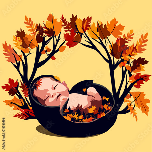 Illustration of a sleeping baby in a bowl of autumn leaves. generative AI