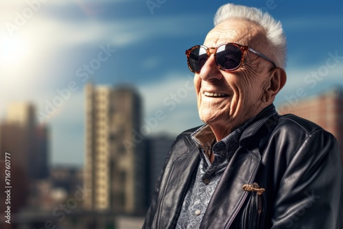 Portrait of a glad elderly 100 years old man wearing a trendy sunglasses against a modern cityscape background. AI Generation photo