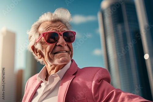 Portrait of a glad elderly 100 years old man wearing a trendy sunglasses against a modern cityscape background. AI Generation photo