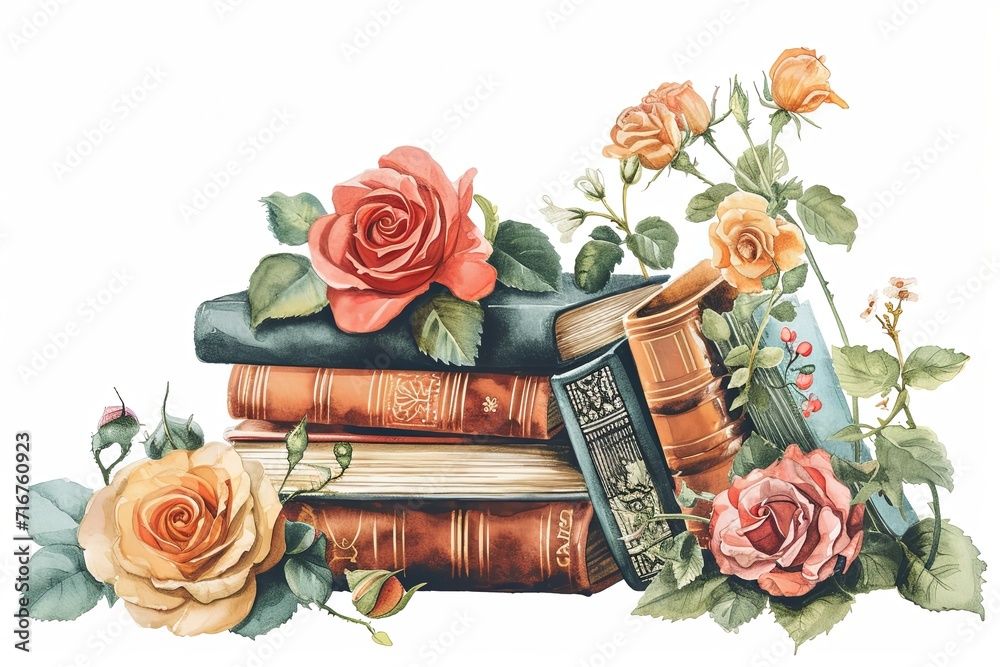 Watercolor rose flowers stack books illustration on white background - obrazy, fototapety, plakaty 
