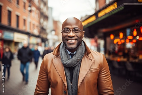 Portrait of a happy afro-american man in his 40s sporting a stylish leather blazer against a vibrant market street background. AI Generation photo