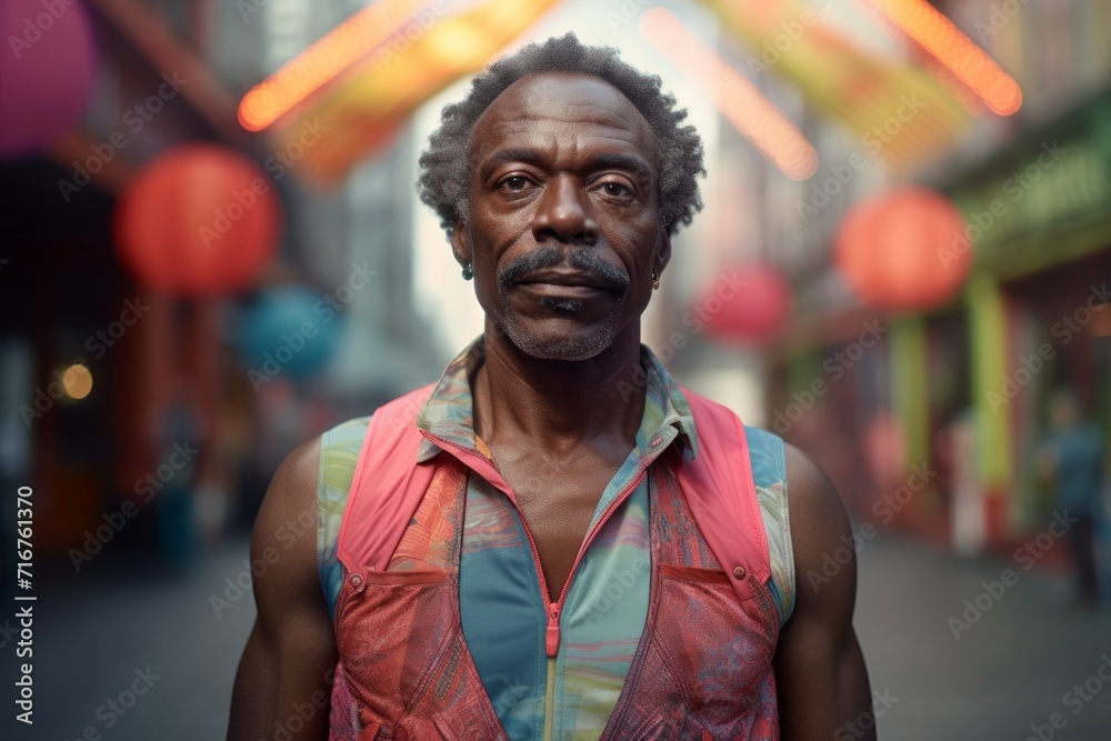 Portrait of a tender afro-american man in his 50s dressed in a breathable mesh vest against a vibrant market street background. AI Generation Portrait of a tender afro-american man in his 50s dressed in a breathable mesh vest against a vibrant market street background. AI Generation