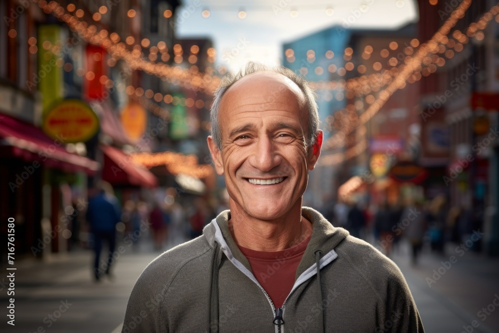 Portrait of a smiling man in his 60s sporting a breathable mesh jersey against a vibrant market street background. AI Generation