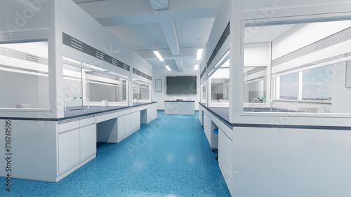 Esthetic and clean modern laboratory full of chemistry equipment. Future analytic biology or microbiology research lab, glass separated working areas. Medical testing room. 