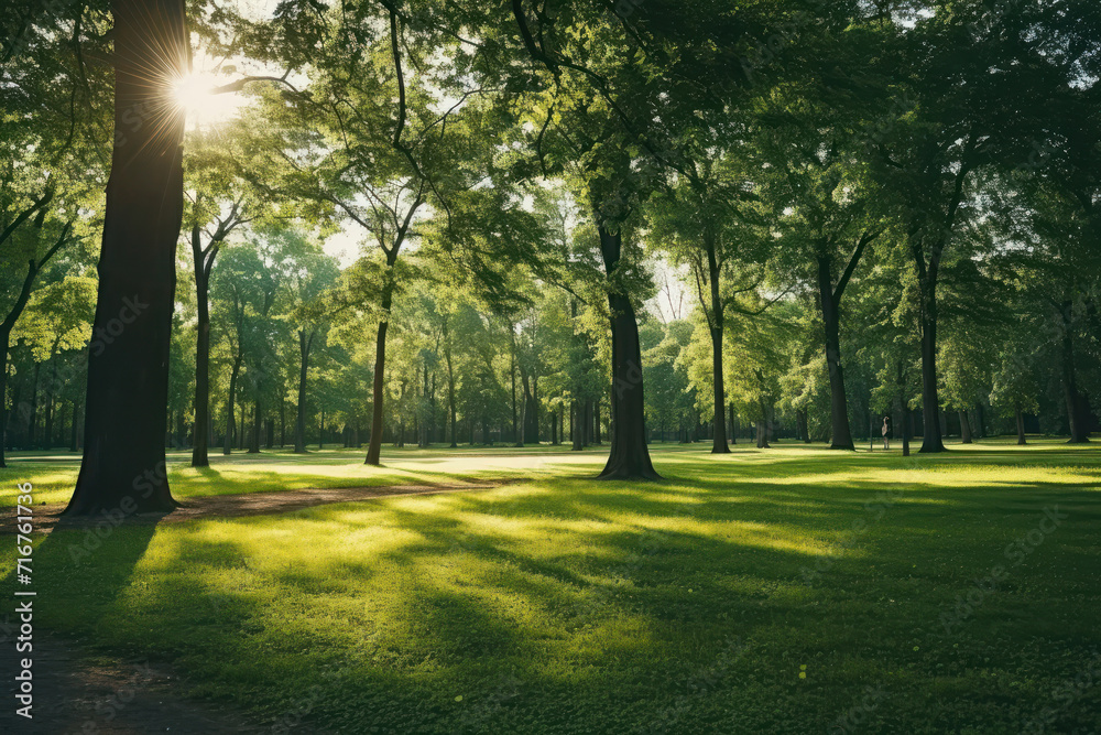 A serene escape into nature this sunlit park scene features green trees and a calming atmosphere inviting you to embrace tranquility. AI generative.