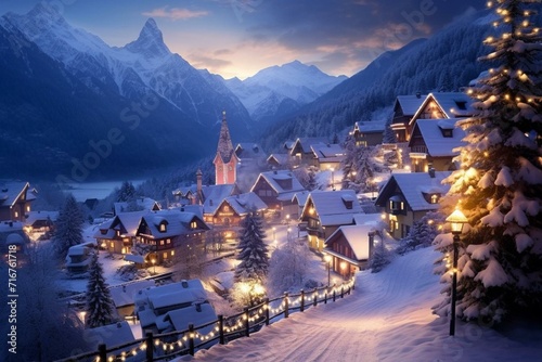 A beautiful winter village covered in snow during the Christmas season. Generative AI © Mason