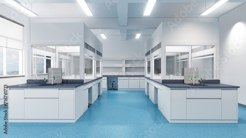 Esthetic and clean modern laboratory full of chemistry equipment. Future analytic biology or microbiology research lab, glass separated working areas. Medical testing room. 