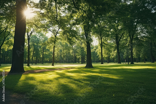 A serene escape into nature this sunlit park scene features green trees and a calming atmosphere inviting you to embrace tranquility. AI generative.