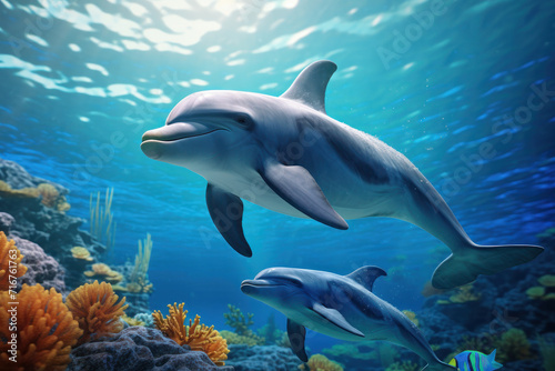 Colorful illustration of a dolphin swimming with fish in a tropical reef. Underwater nature scene. AI Generative.