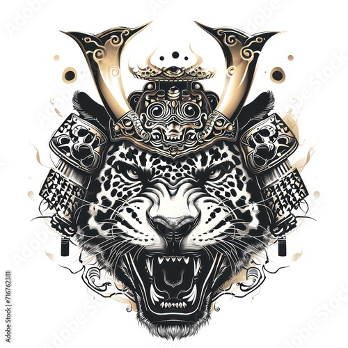 Jaguar using a samurai helmet isolated in a white background