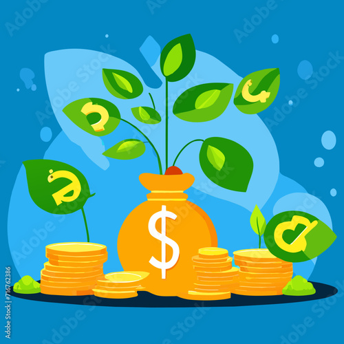 Money tree growing from pile of golden coins. Vector flat illustration. generative AI