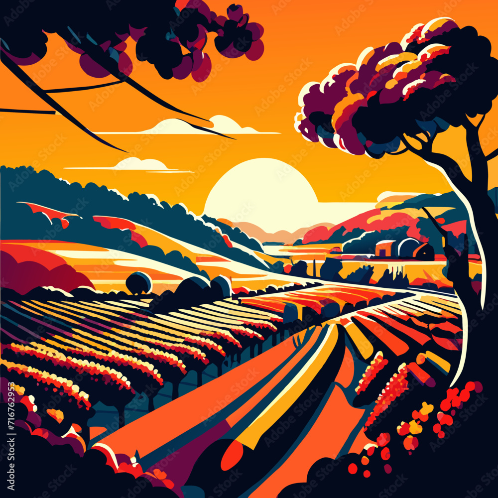 Landscape of fields and trees at sunset. Vector illustration for your design Generative AI