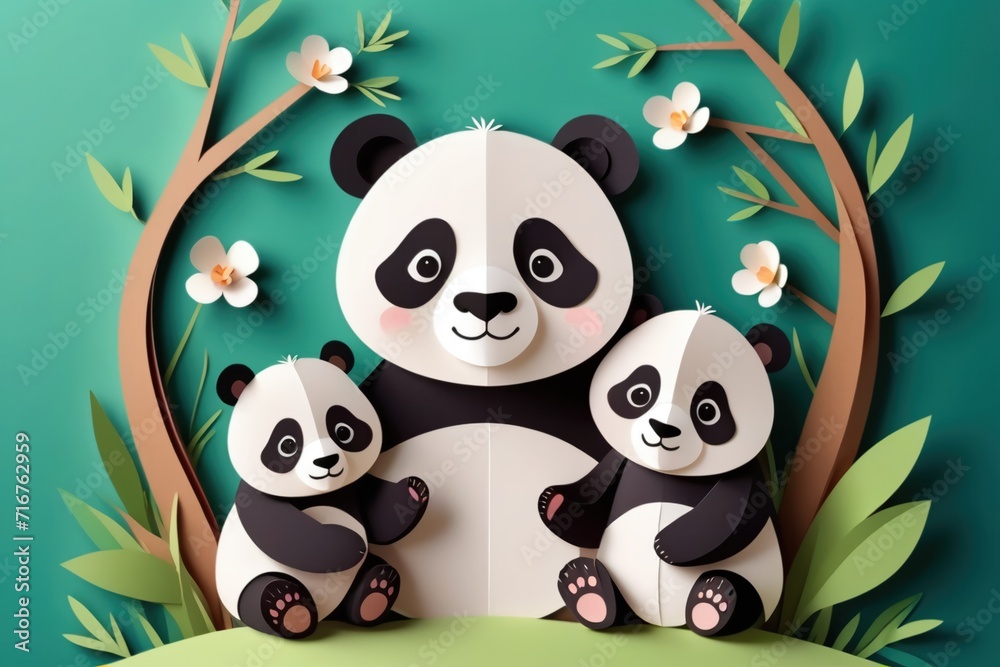 Fototapeta premium Charming paper-cut illustration featuring a sweet panda family amidst a field of colorful flowersFamily day and mothers day card concept.