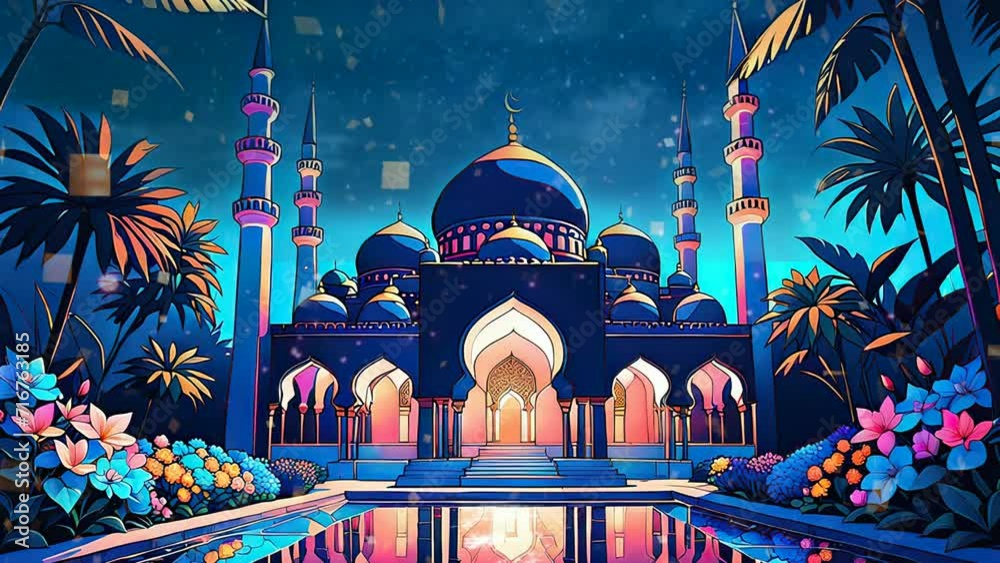Nighttime Video Animation Showcasing Mosque Buildings for the Festive Celebration of Ramadan's Grand Occasion