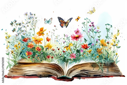 Watercolor flowers stack books illustration on white background © pixeness