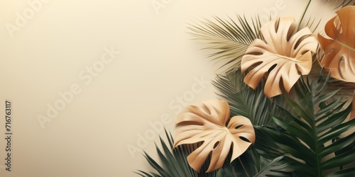 Tropical leaves pattern foliage, monstera leaves frame layout, background for summer banner,
